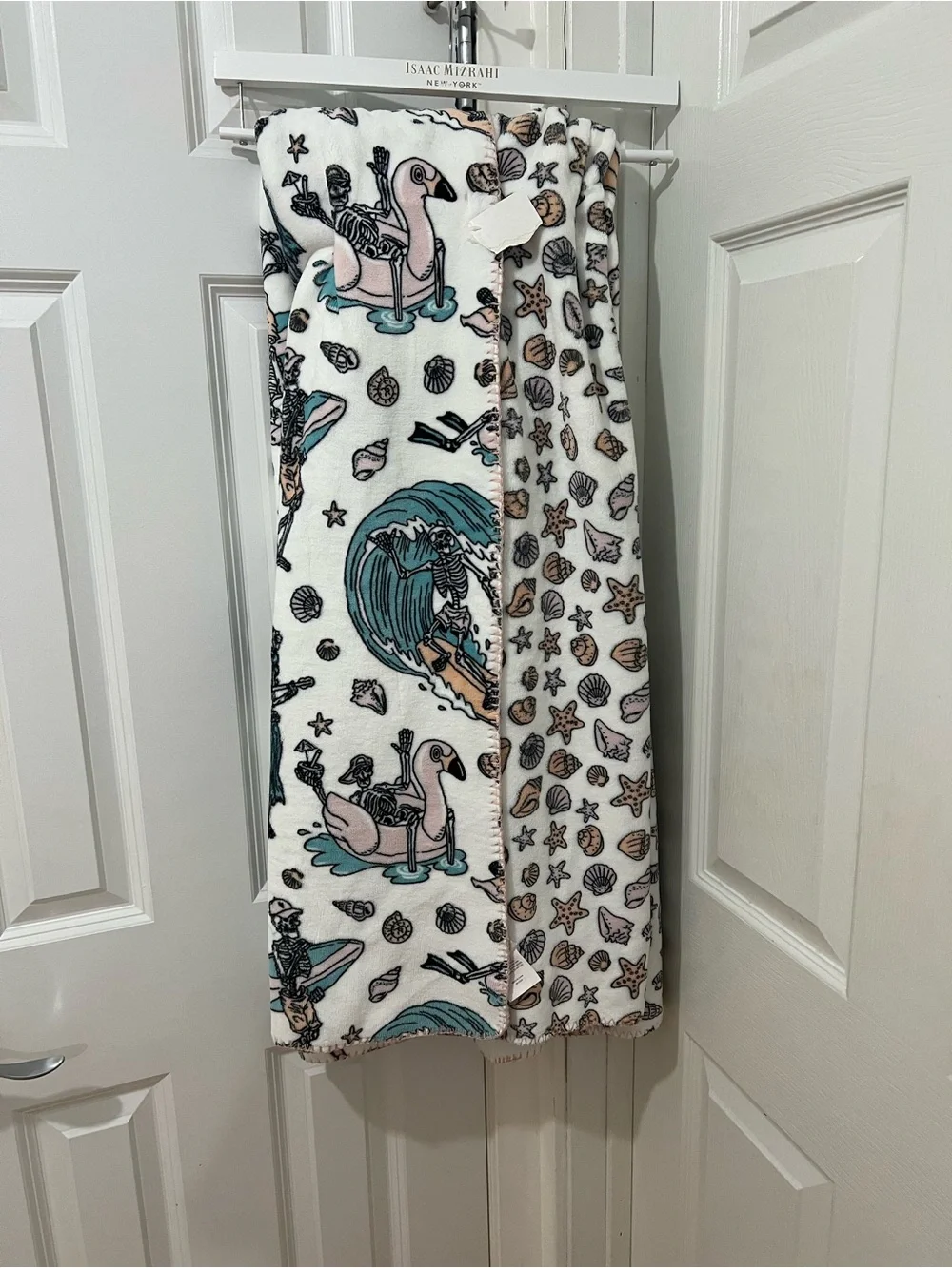 Isaac Mizrahi White Plush Blanket with Teal & Blush Summer Print